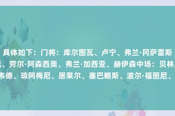 具体如下：门将：库尔图瓦、卢宁、弗兰·冈萨雷斯后卫：卡瓦哈尔、阿拉巴、劳尔·阿森西奥、弗兰·加西亚、赫伊森中场：贝林厄姆、卡马文加、巴尔韦德、琼阿梅尼、居莱尔、塞巴略斯、波尔·福图尼、梅索内罗时尚：维尼修斯、姆巴佩、贡萨洛·加西亚、马斯坦托诺    体育赛事直播